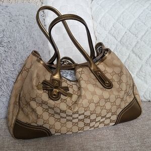 Gucci Beige Monogram Tote Bag with Gold Accents